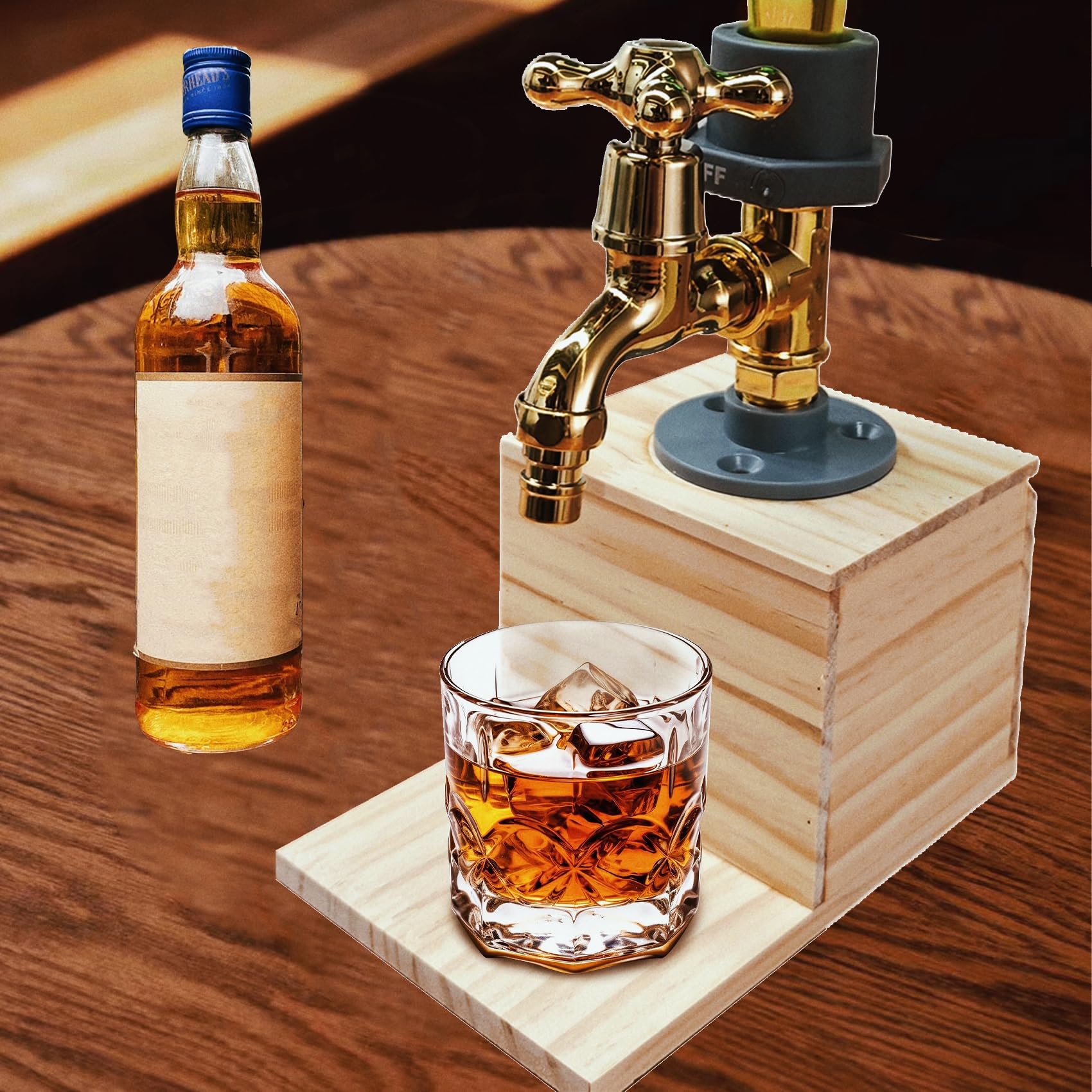 Alcohol Dispenser, Liquor Bottle Dispenser, Unique Wooden Design with Faucet Shape Stand, Alcohol Accessories, Ideal Gift for Men, Dad, Husband,Boyfriend (Single Dispenser)
