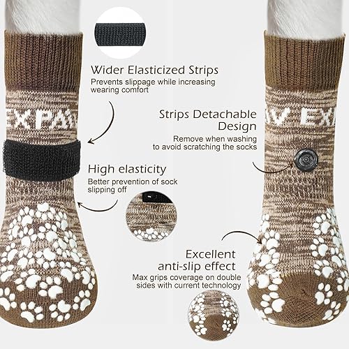 Miniatura 2 de EXPAWLORER Calcetines antideslizantes de doble cara para perro con correas ajustables, agarre fuerte, control de tracción para interiores en suelos