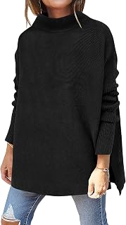 Women's Turtleneck Oversized Long Batwing Sleeve High Low Spilt Hem Knit Pullover Sweater Tops