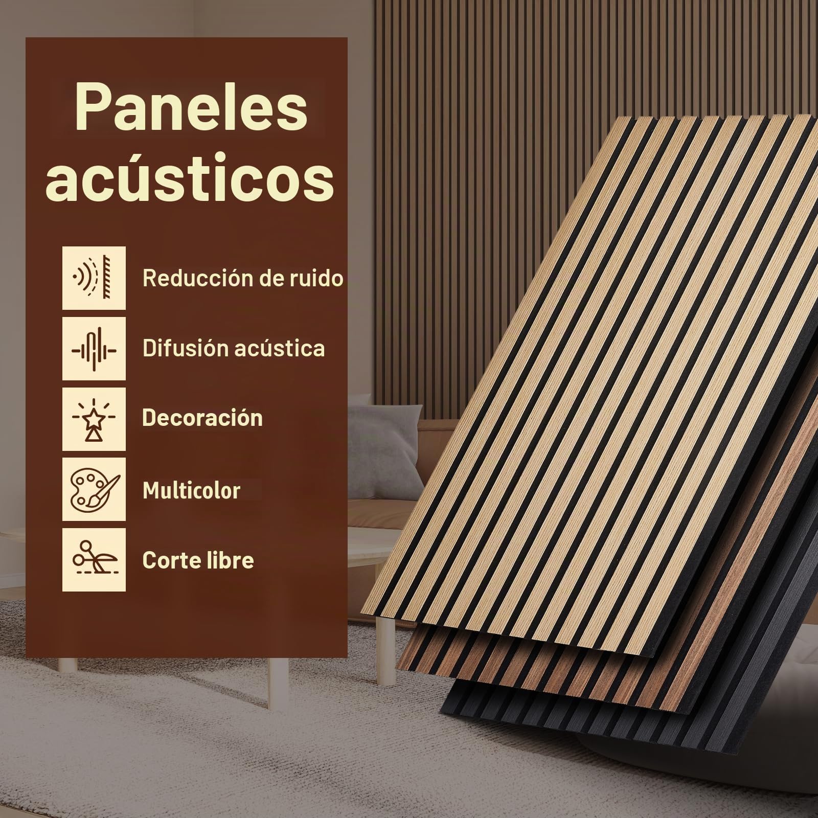 Paneles acústicos autoadhesivos, juego de 2 unidades, 100 x 52 cm, aislamiento acústico, reducción del eco, paneles de pared de chapa de madera, paneles acústicos de madera para decoración de pared