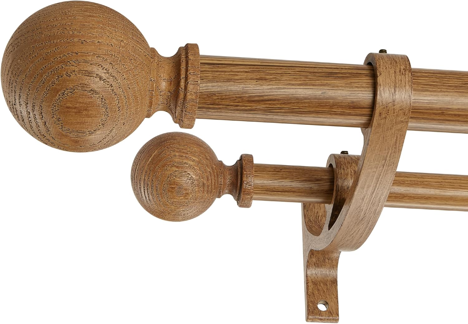 Double Wooden Curtain Rods for Windows 72 to 144 Inches,1 Inch Front and 5/8 Inch Back Boho Curtain Rod with Imitation Wood Grain Ball Finials and Double Aluminum Bracket,Brown Wood Grain