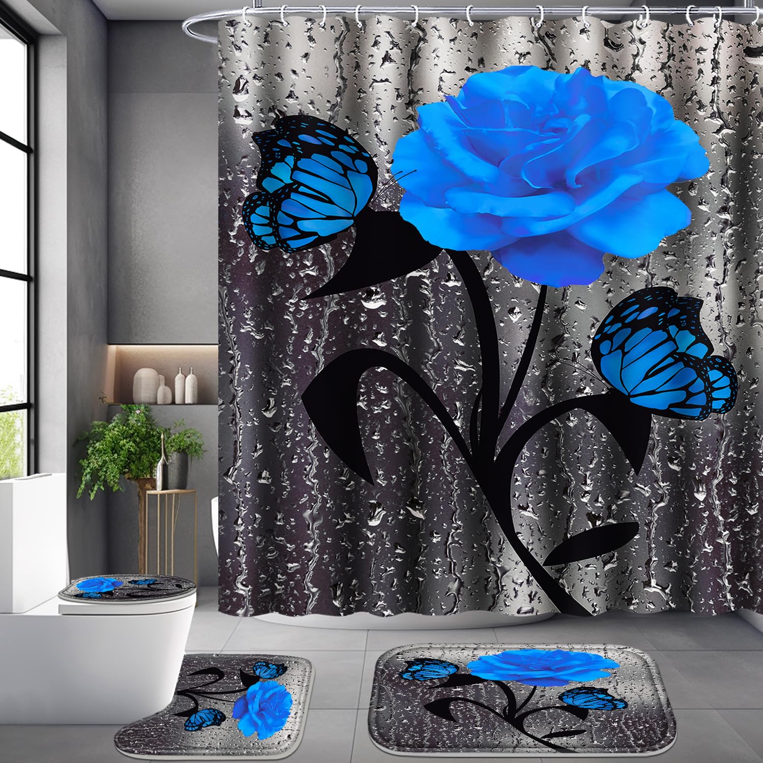 Poedist 4 Pcs Bathroom Set,Blue Rose Shower Curtain Sets, Floral Shower Curtain Sets with Rugs(Bath Mat,U Shape and Toilet Lid Cover Mat) and 12 Hooks