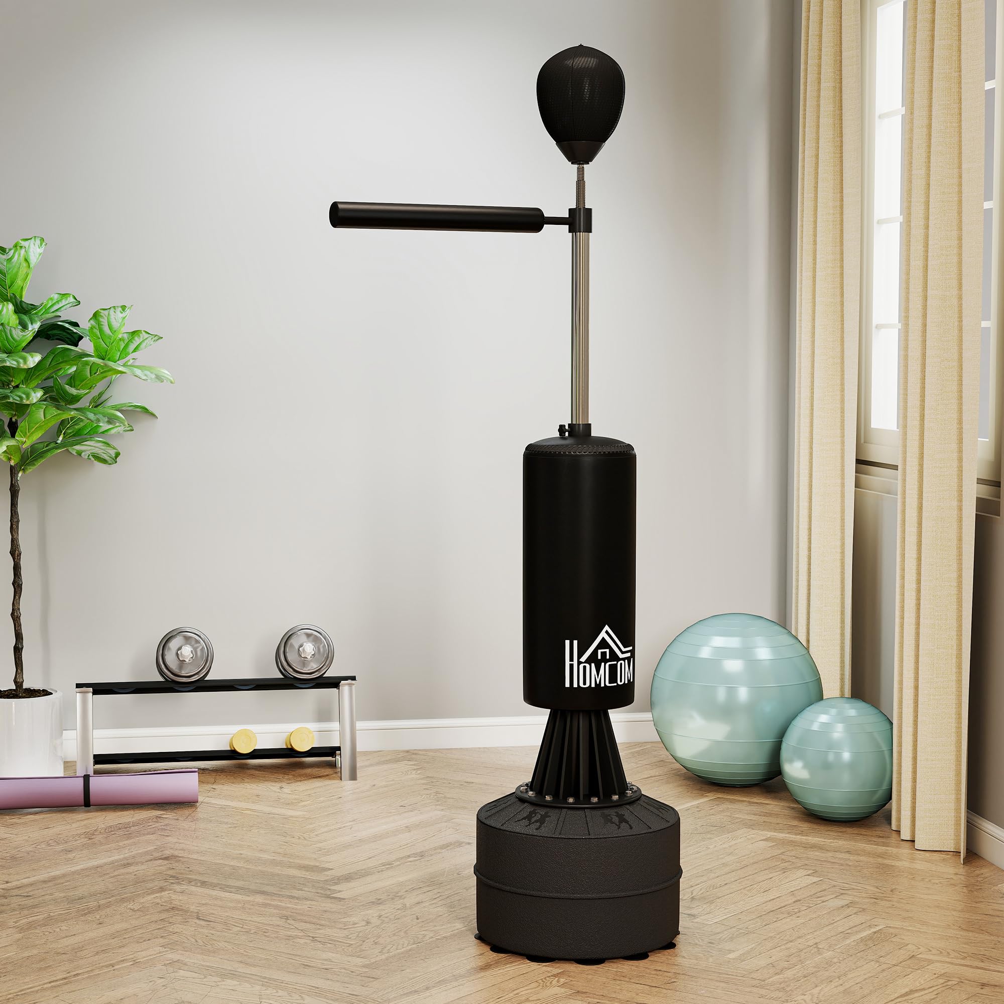 HOMCOM Sac de Frappe sur Pieds Punching Ball brunier 3 en 1 avec Ballon de Vitesse Bras Flexible Rotatif Hauteur réglable revêtement synthétique Base HDPE dim. 88L x 48l x 155-205H cm