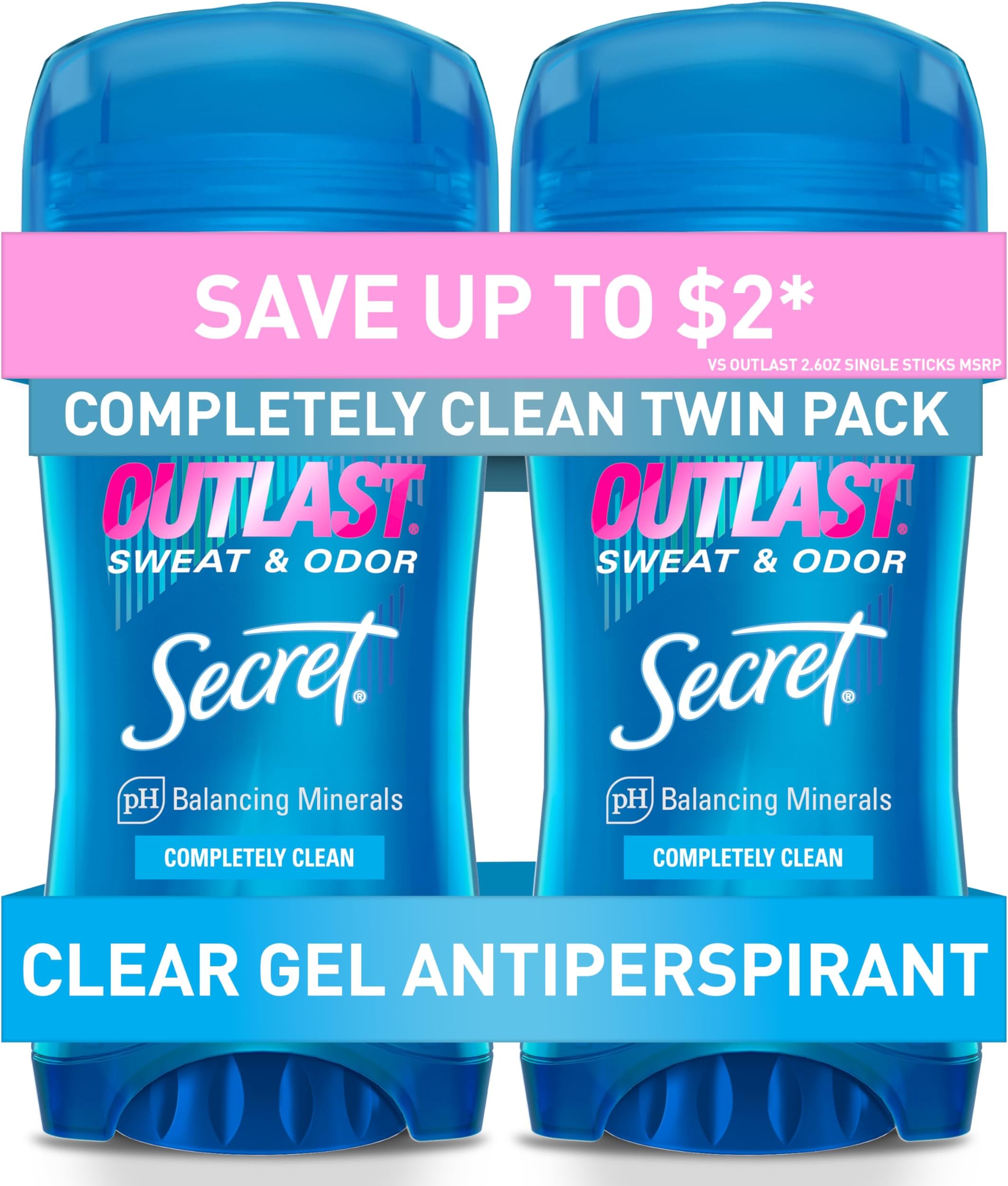Secret Outlast Antiperspirant Deodorant for Women, 72hr Sweat & Odor Protection, PH Balancing Minerals, Pro-Hyaluronic Acid, Clear Gel, Completely Clean Scent, 2.6 oz (Pack of 2)