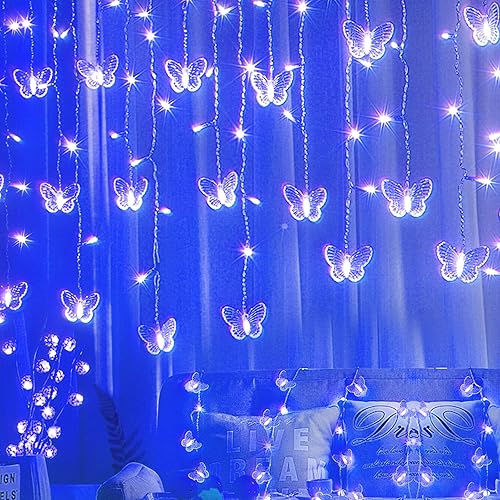 Guirnalda de luces de mariposa azul con enchufe USB, 120 LED, 8 modos, 20 pies, luciérnaga, luces de carámbano parpadeantes, con temporizador disponible en Yaxa Peru