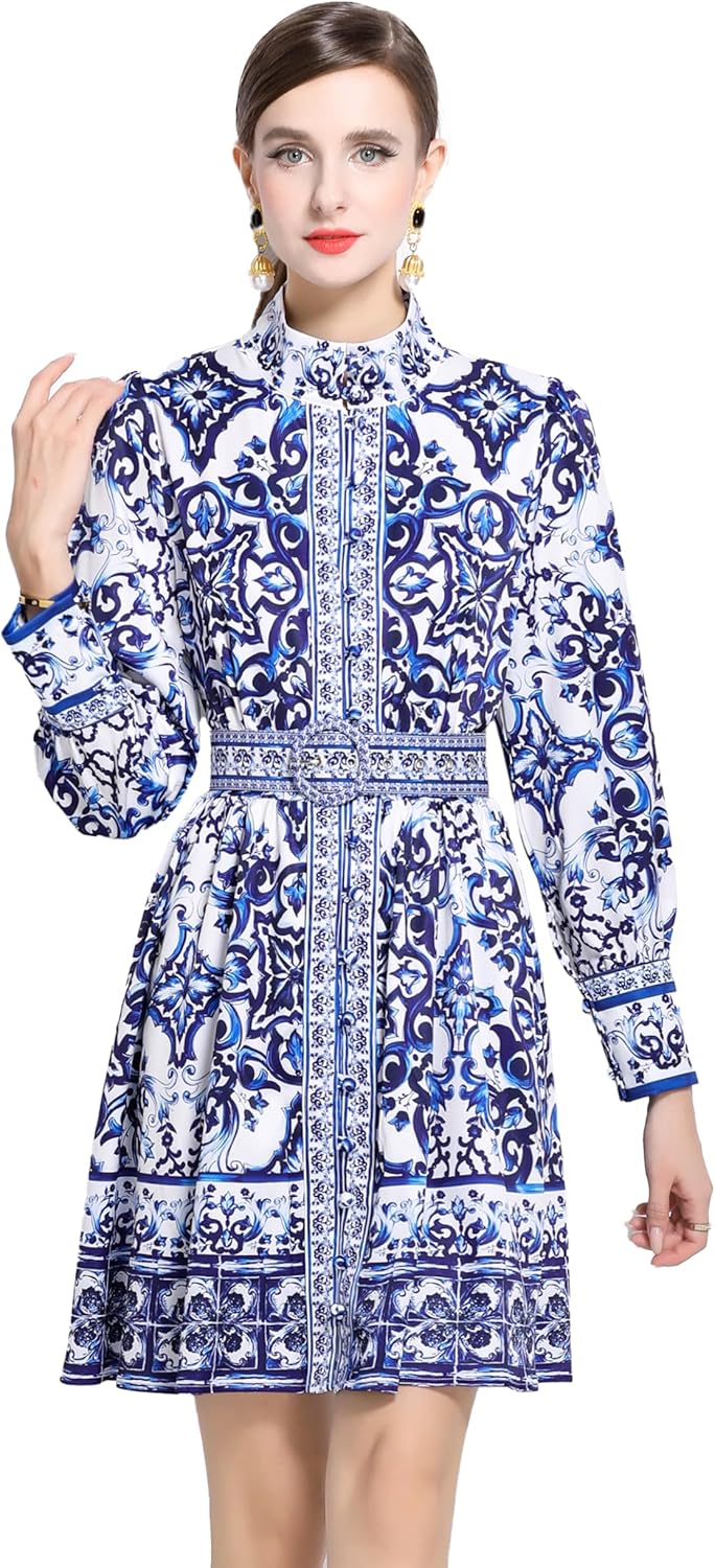 LAI MENG FIVE CATS Women's Button up Floral Print Long Sleeve Casual A-line Mini Shirt Dress with Belt