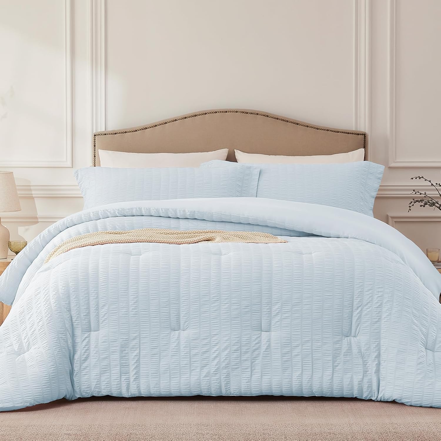 SkyBlue Twin/Twin XL Comforter Set - 2 Pieces Seersucker Lightweight Bedding Comforter Sets (1 Soft Fluffy Comforter & 1 Pillowcase) - All Seasons Cozy Modern Bed Sets for Women Men