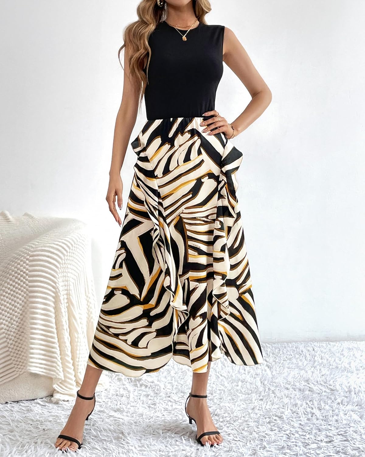 BTFBM Women Casual Sleeveless Summer Dresses 2026 Spring Crewneck Patchwork Boho Floral Ruffle Cocktail Party Midi Dress - Image 2