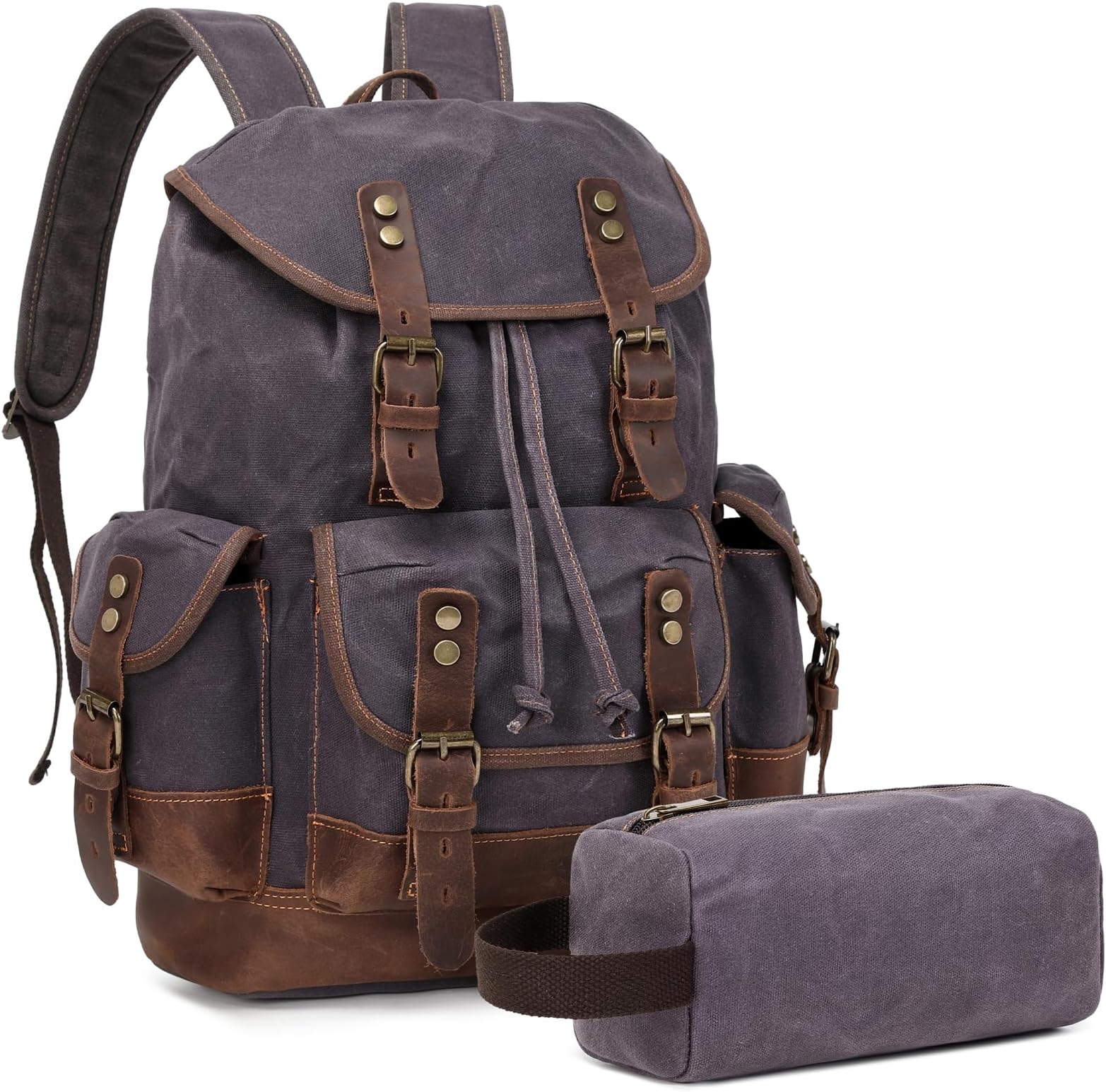 Leather Backpack for Men, Waxed Canvas Vintage Backpack Rucksack for Business College Travel Hiking Shoulder Daypacks With Toiletry Bag(Grey)