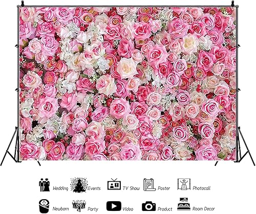 Miniatura 3 de Telón de fondo rosa rosa de 7 x 5 pies, telón de fondo con temática de flores, para boda, despedida de soltera, niñas, cumpleaños, fiesta de
