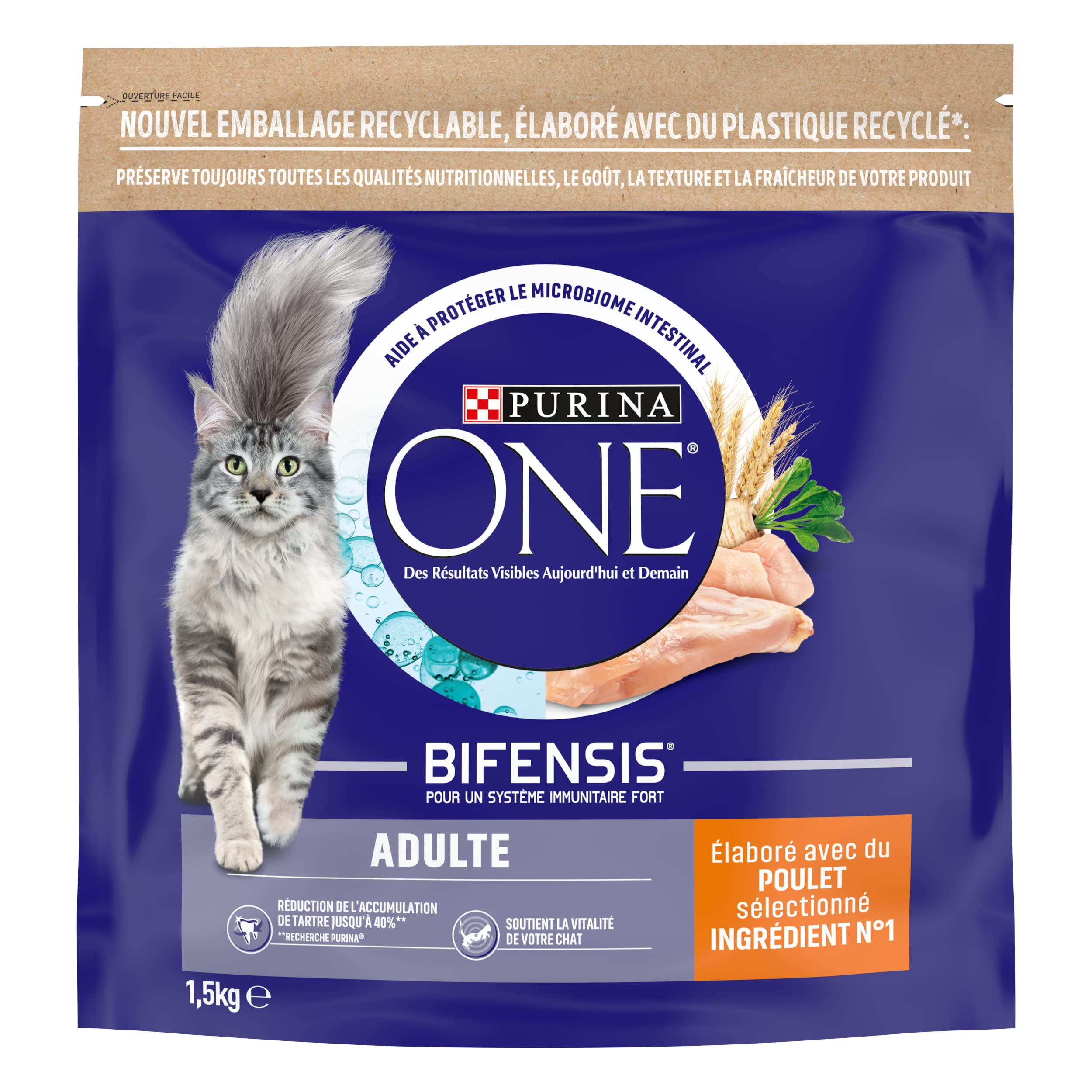 PURINA ONE | BIFENSIS | Croquettes pour Chat Adulte | Renforce Le système immunitaire, améliore l'équilibre du microbiome, Aide à Maintenir Un système urinaire sain | Poulet | Sac | Lot de 6 x 1,5Kg