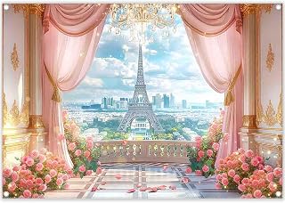 7x5ft Spring Paris Terrace Backdrop Eiffel Tower Pink Curtain Roses European City Landscape Photography Background Girls Party Decorations Photo Booth Banner