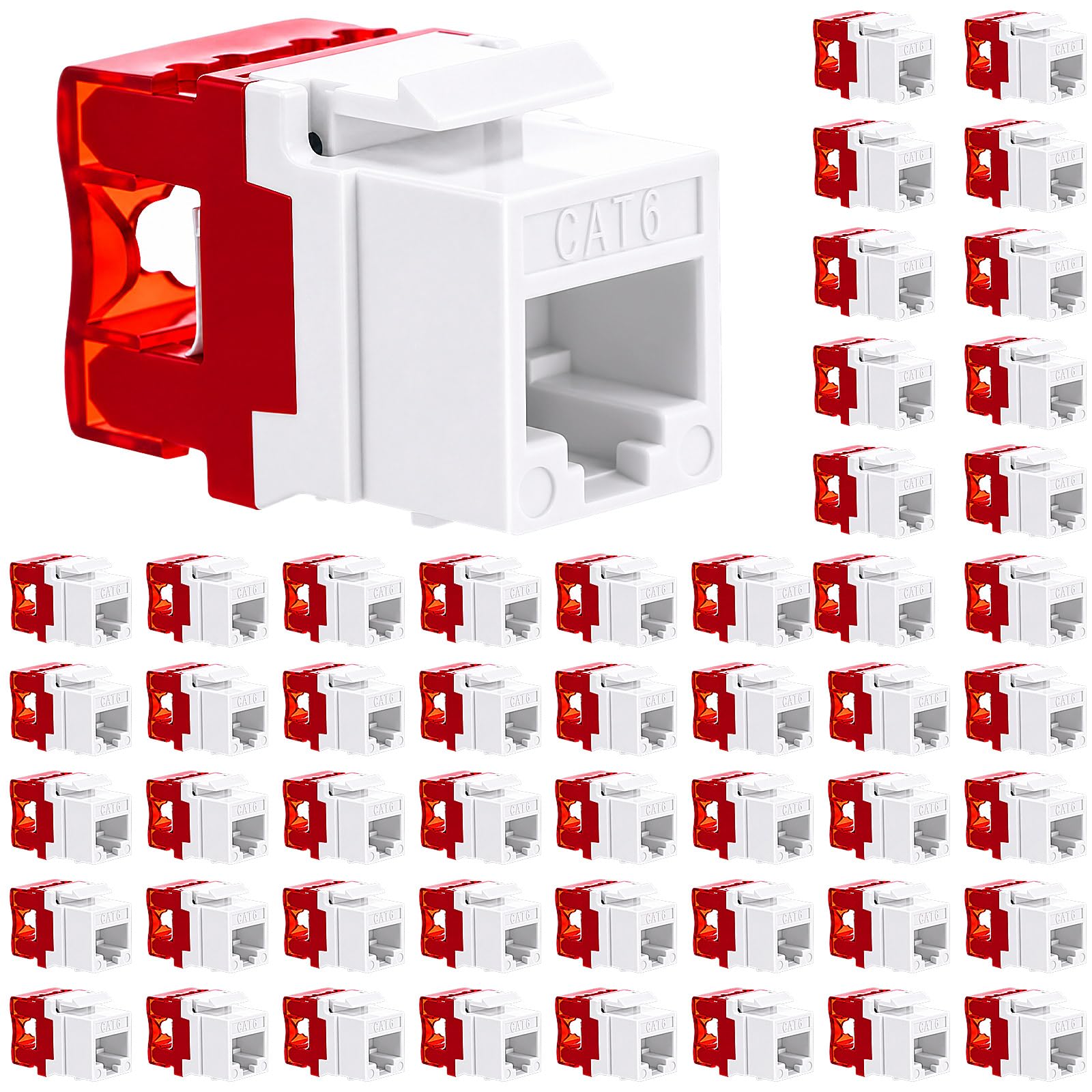 Tellegloww Confezione da 50 jack Keystone Rj45 Cat6 da 180 gradi, inserti per piastra di rete per modulo di rete, connettori Ethernet o pannello patch senza attrezzi 110