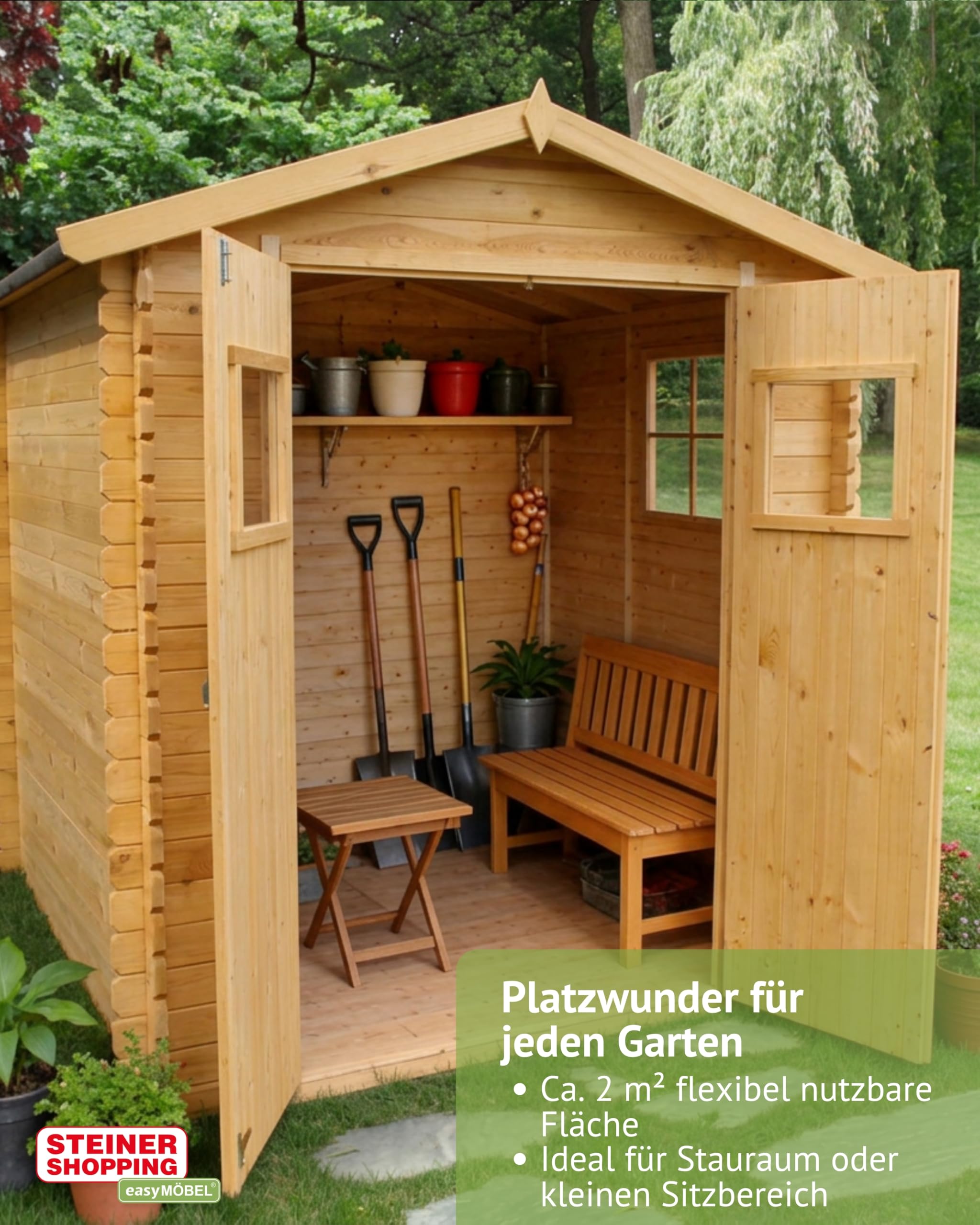 Steiner Shopping Gartenhaus Salzburg 19 mm I 180 x 130 cm aus Holz I Massiver Geräteschuppen mit Doppeltür I Kompaktes Gerätehaus für Gartengeräte & Fahrräder I Robuster Gartenschuppen