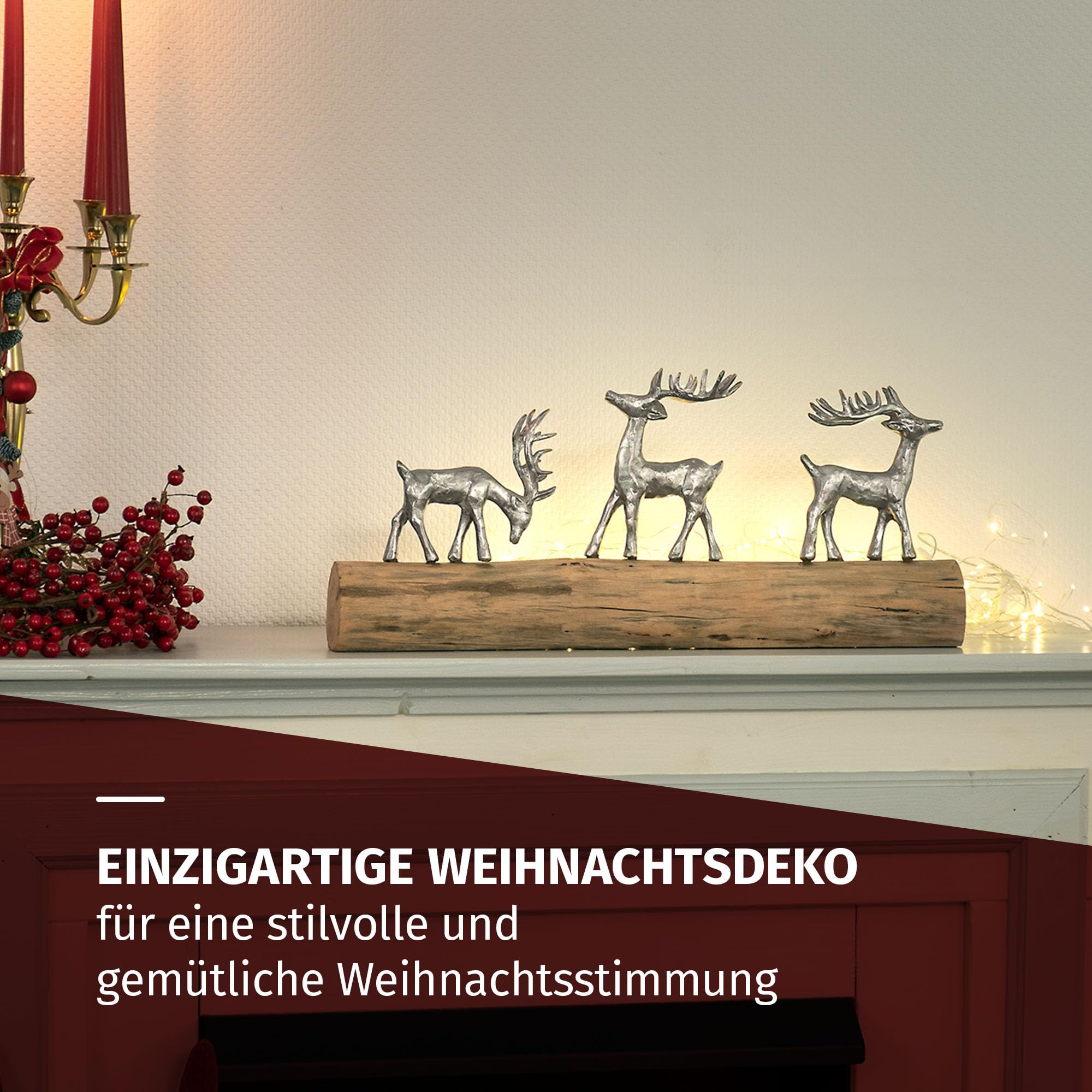 Moritz Weihnachtsdeko Rentiere auf Holzstamm 57 cm handgefertigte Figur aus Aluminium und Mangoholz mit DREI silbernen Hirschen winterliche Dekoration für Fensterbank, Kamin oder Kommode