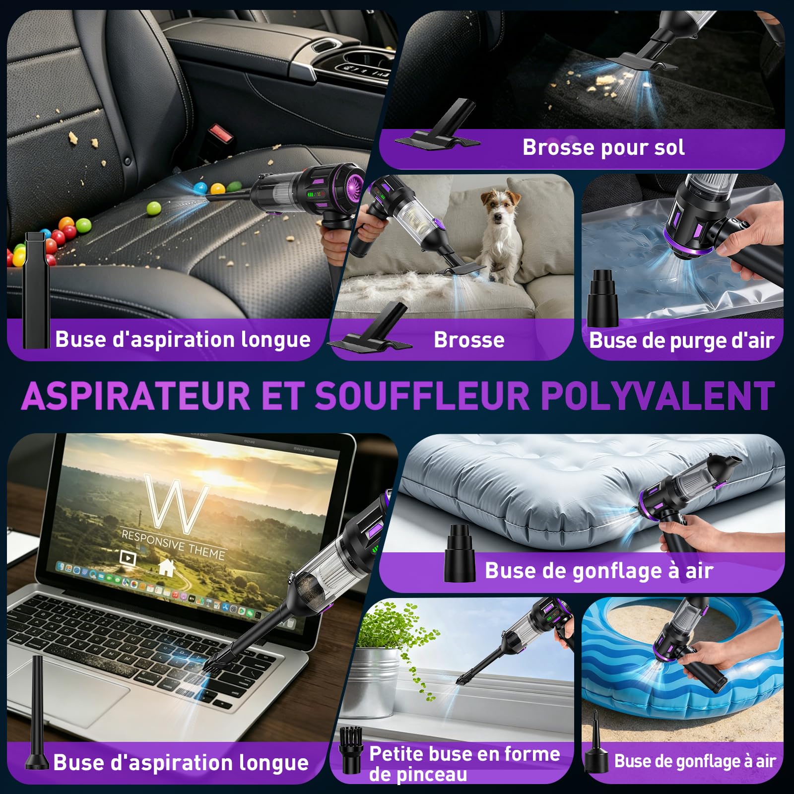 Aspirateur à Main, 22000PA Aspirateur Voiture sans Fil Puissant, 220000 TR/Min Moteur sans Balai, 4 en 1 Niveaux Réglables pour Poils d'animaux, Voiture, Maison, Violet