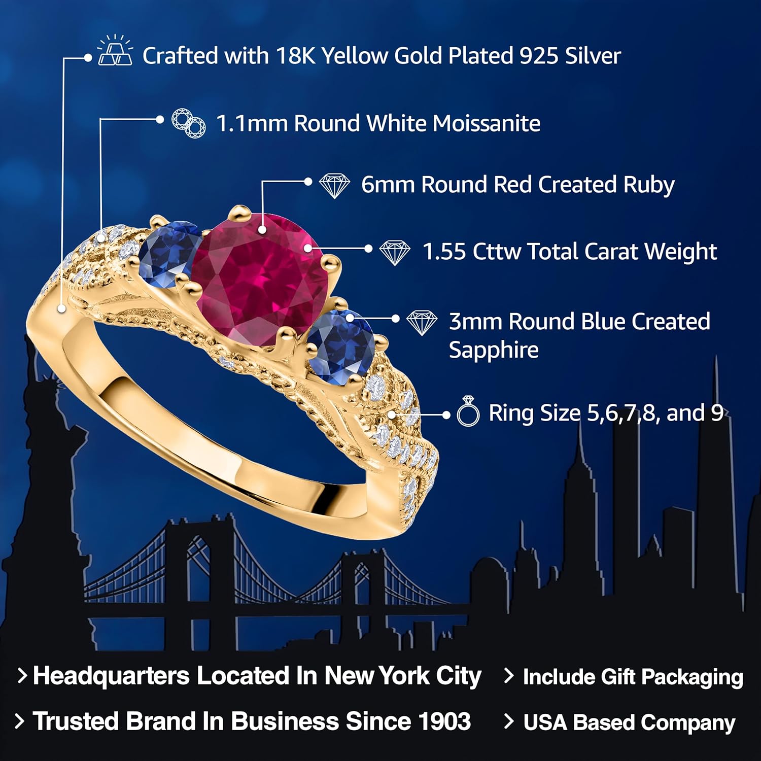 Gem Stone King 18K Yellow Gold Plated Silver Red Created Ruby Blue Created Sapphire and White Moissanite Engagement Ring For Women (1.55 Cttw, Gemstone July Birthstone, Round 6MM and 3MM)