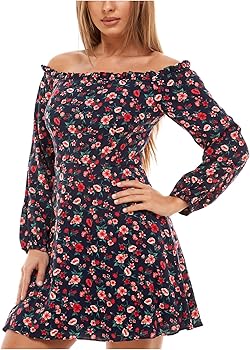 Amazon.com: B Darlin Womens Fit + Flare Short Dress Navy Zippered Long  Sleeve Off Shoulder Evening Floral Juniors 1 : Clothing, Shoes & Jewelry