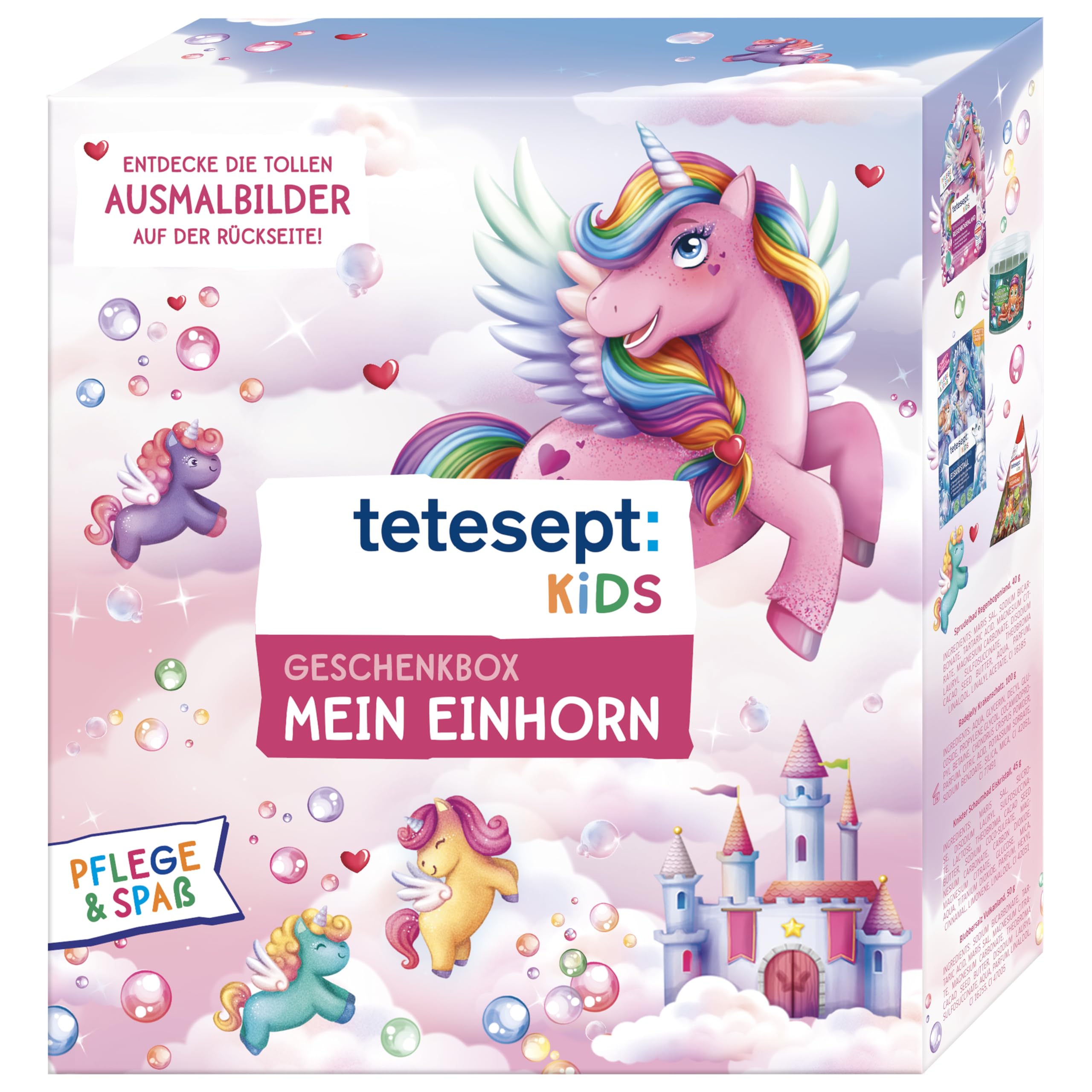 tetesept Kids Geschenkbox Mein Einhorn - Kinder Badezusatz Geschenkset mit Sprudelbad, Schaumbad, Badeüberraschung, Dusche und Armband - mit hautpflegender Rezeptur – 8er Set