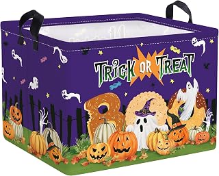 Clastyle Pumpkin Halloween Box for Kid Boo Basket Stuffers with Ghosts Purple Trick or Treat Spooky Basket Candy Cookies Halloween Storage Bins