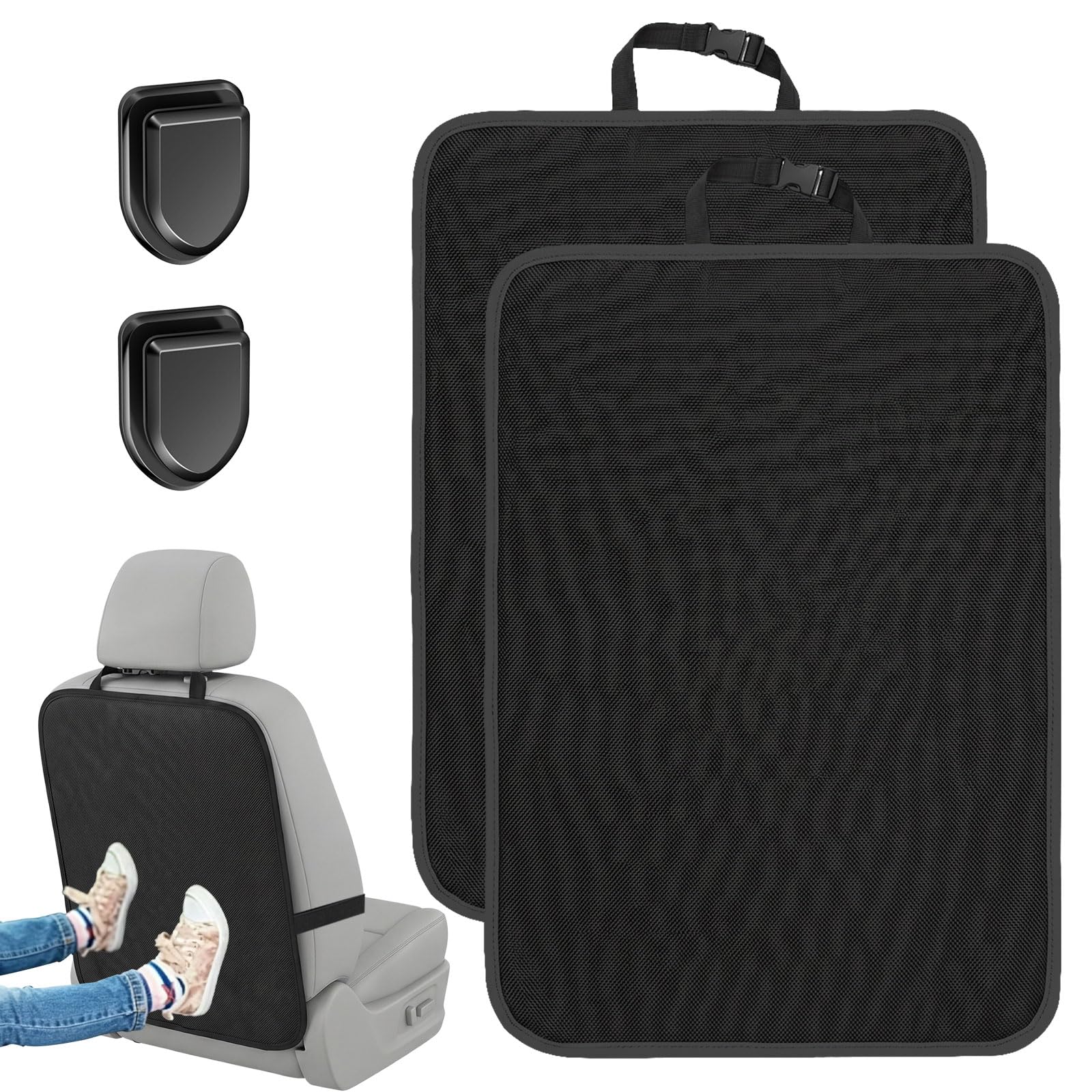 2 Pack Child Car Seat Protectors - Waterproof Car Kick Mats, 600D Oxford Cloth and Easy to Clean, Universal Kick Protector Cars with Adjustable Straps and 2pcs Car-mounted Invisible Mini Hooks