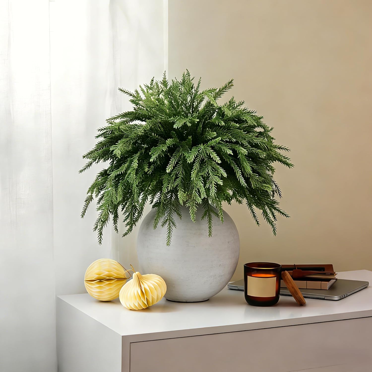 Cieex 16 Pcs Artificial Norfolk Pine Branches - Real Touch Pine Stems Fake Plants Pine Picks Faux Greenery Stems for Vase DIY Crafts Garland Wreath Christmas Indoor Outdoor Home Decor