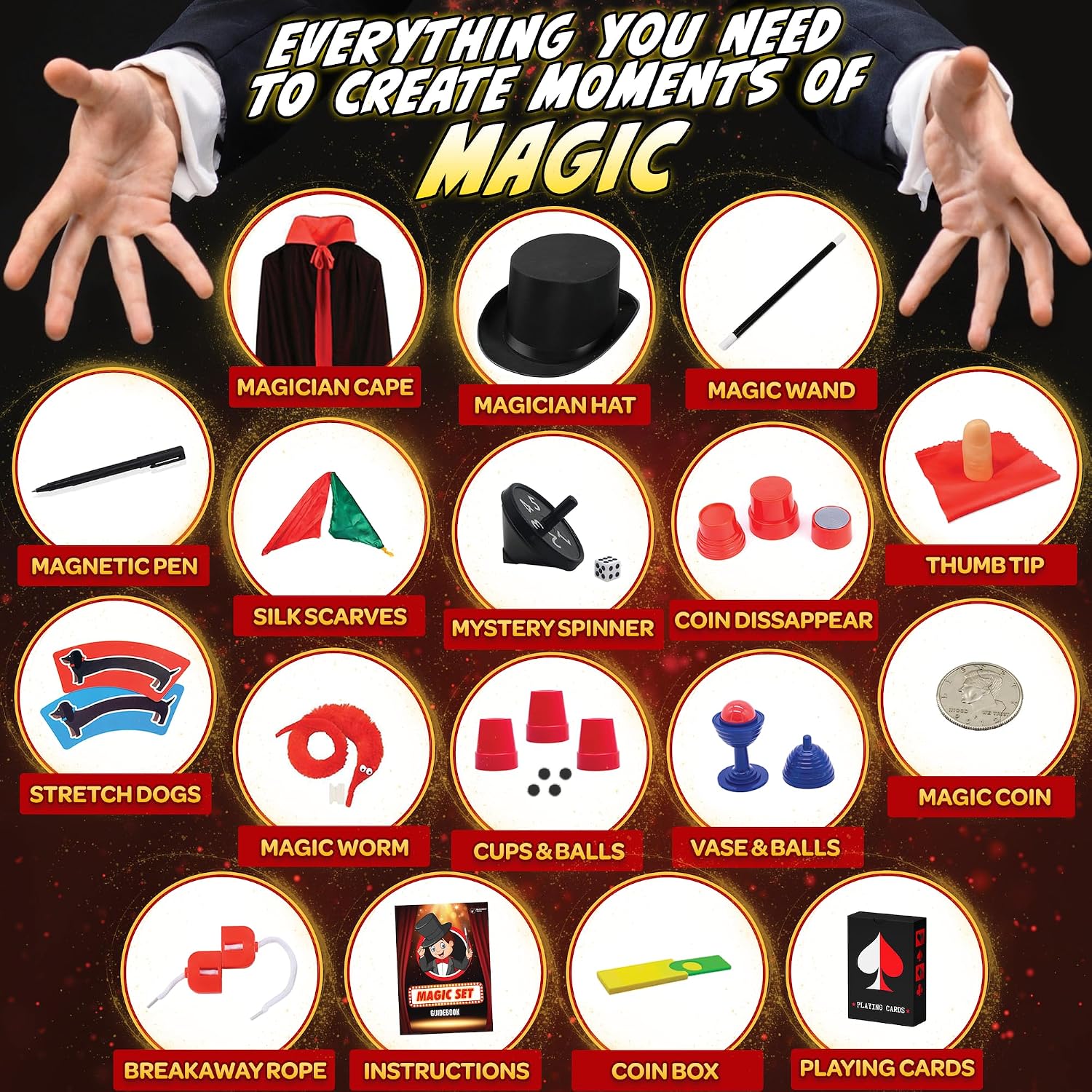 BLOONSY Magic Kit for Kids | Magic Tricks Set for Kids Age 6 8 10 12 | Magician Costume for Pretend Play with Easy to Follow Guide and Video Instructions Included