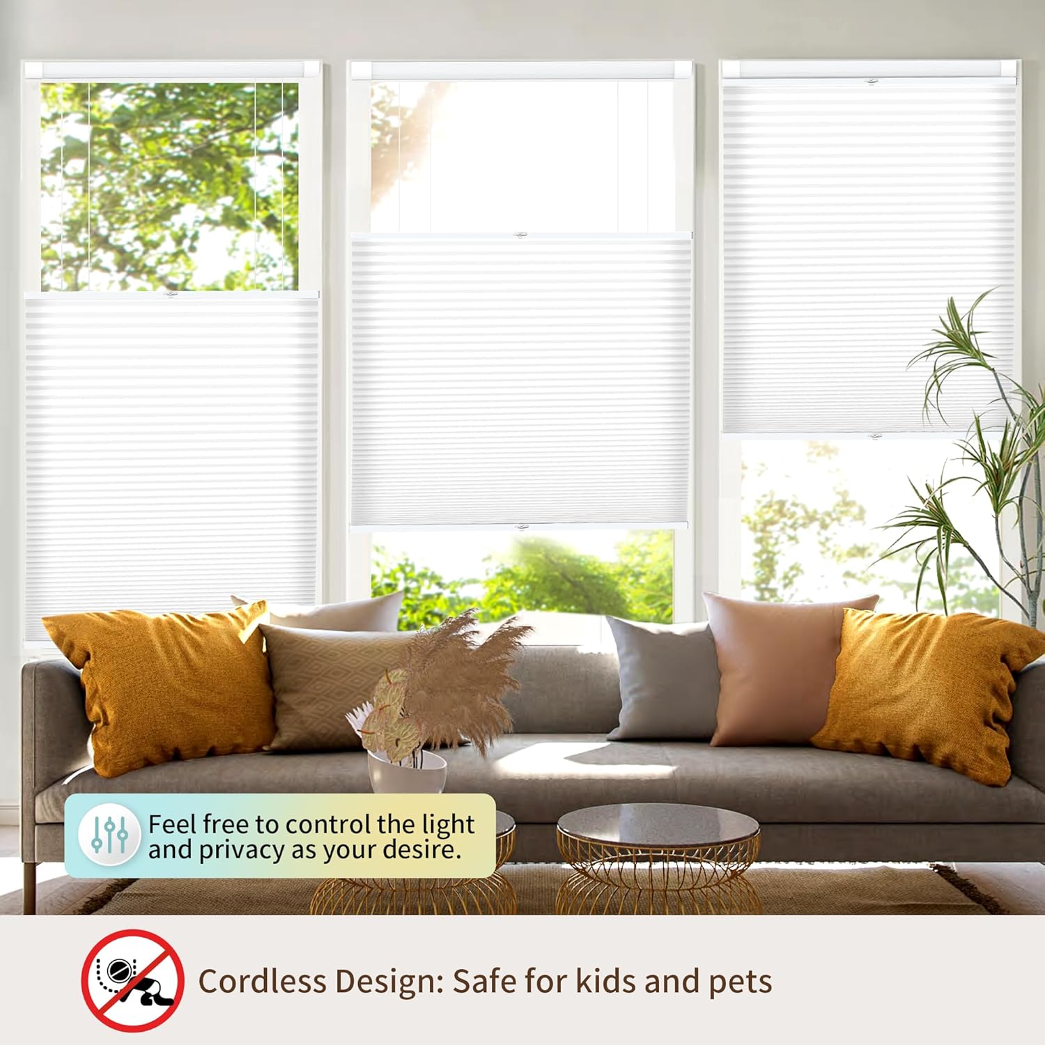 No Tools No Drill Blinds for Indoor Windows,Cordless Top Down Bottom Up Honeycomb Cellular Shades with 1" Fabric, Light Filtering White, Customize Size