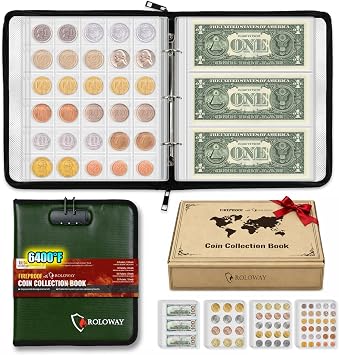 ROLOWAY Coin Collection Book 6400F Heat Insulated, 346 Pockets Fireproof Coin Book Holder and 36 Paper Currency Album with Aluminum Foil Layer, Money Saving Coin Collector Book with Lock Green