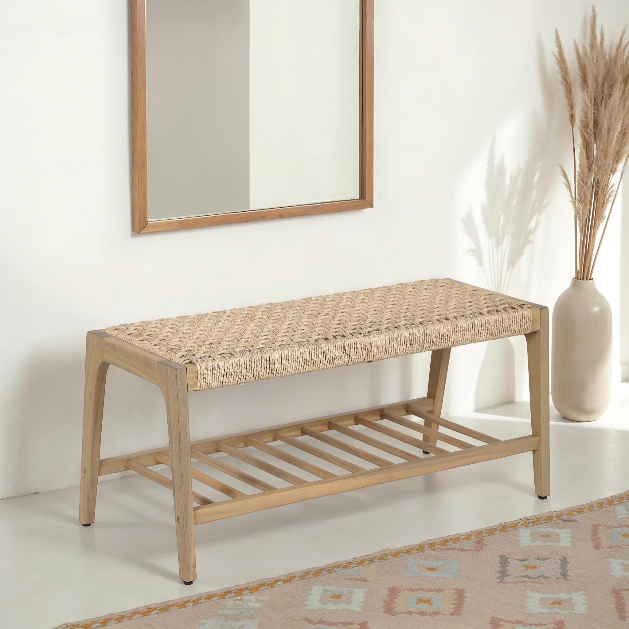 BAÏTA Banc intérieur et extérieur HUKA en Bois d'acacia et Osier