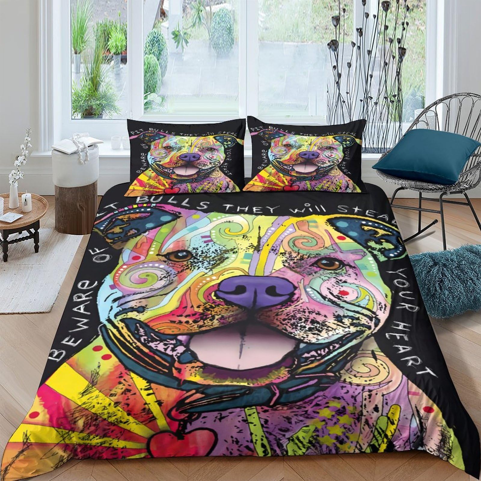 Ctjqhvkz Style-3 3D Printed Colorful Dog Art Fitted Sheet Microfiber Bright Abstract Pitbull Mattress Cover Bedroom Decor Easy Care Single（135X200cm）