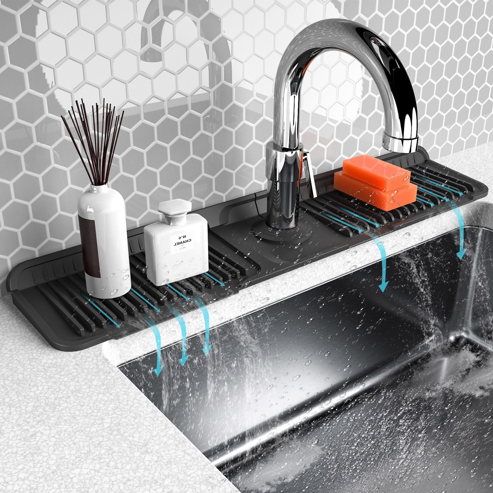 folding faucet mat for kitchen sink-sink splash guard behind faucet-silicone kitchen faucet mat-faucet draining mat of sink accessories with button lock