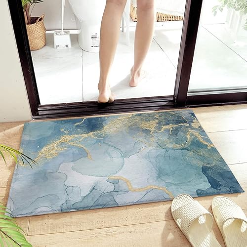 Miniatura 4 de Alfombra de baño de 16 x 24 pulgadas absorbente lanuda alfombra de baño abstracta de mármol con textura de piedra diseño de tinta azul dorada