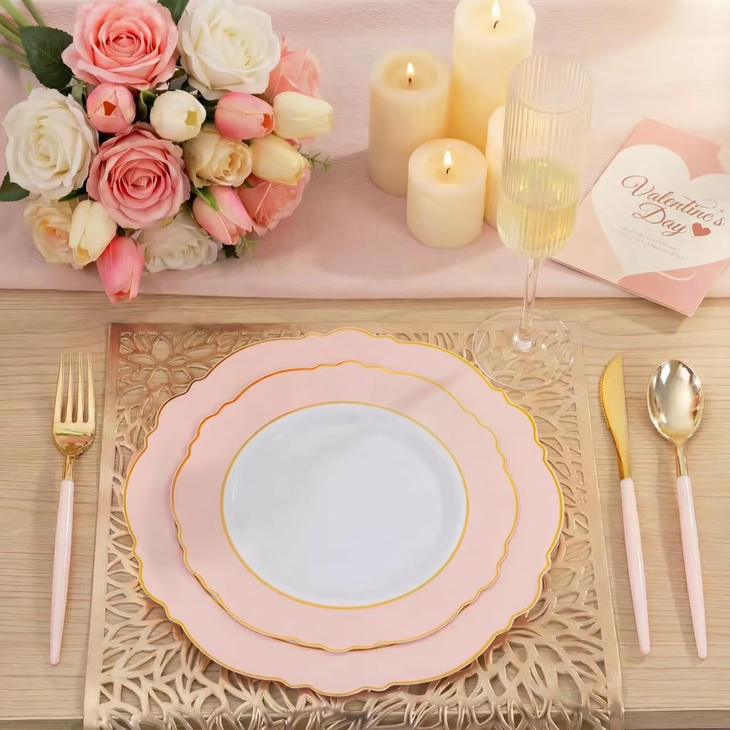 WDF 30Guest Pink Plates Disposable - Hign-end Baroque Design - Gold Plastic Silverware with Handle-Baroque Pink &Gold Plastic Dinnerware for Baby Shower Wedding Spring Easter