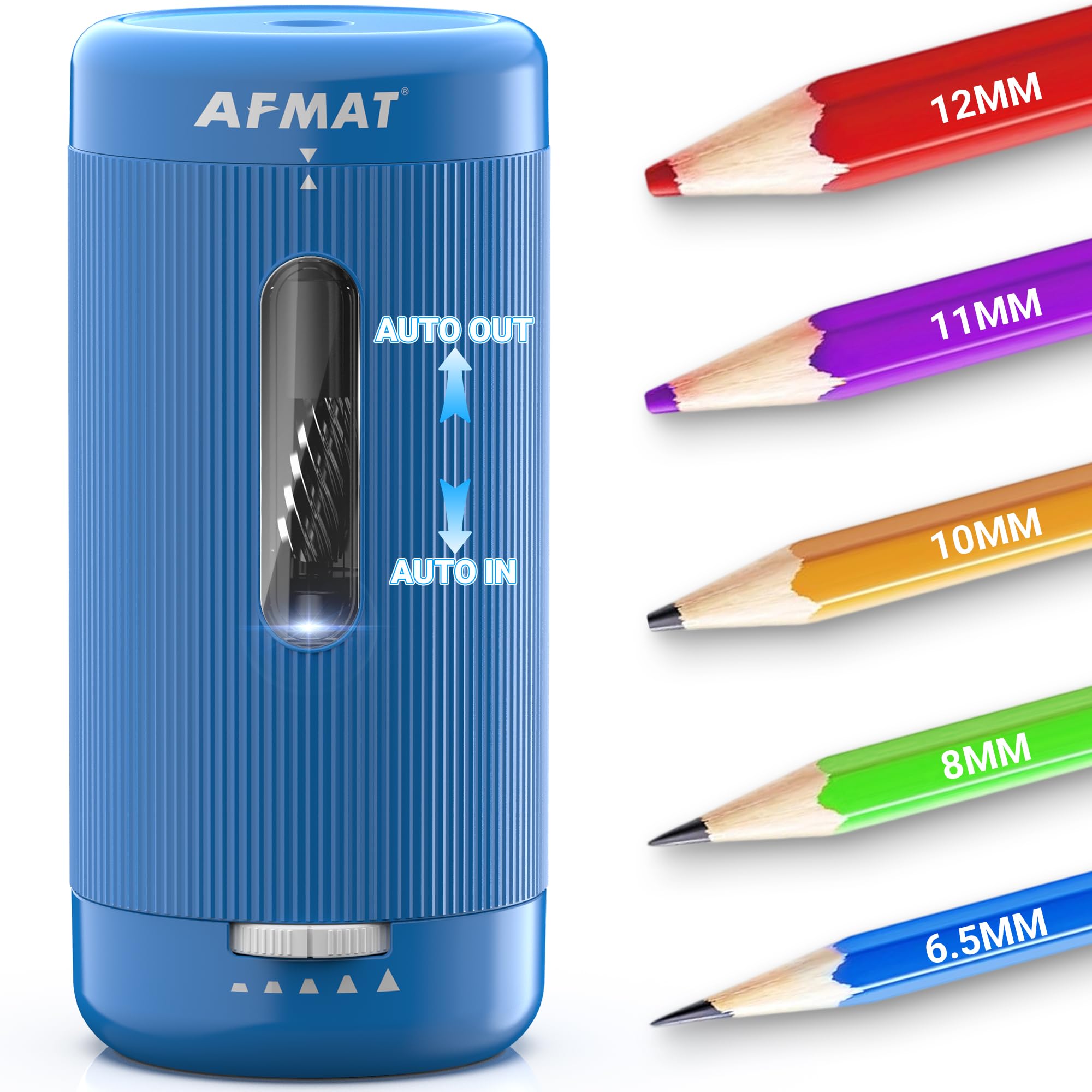 AFMAT Vollautomatischer elektrischer Bleistiftspitzer, automatisches Ein- und Ausschalten, wiederaufladbar, vollautomatischer Bleistiftspitzer für Jumbo- und Buntstifte (6,5–12 mm), tragbar für