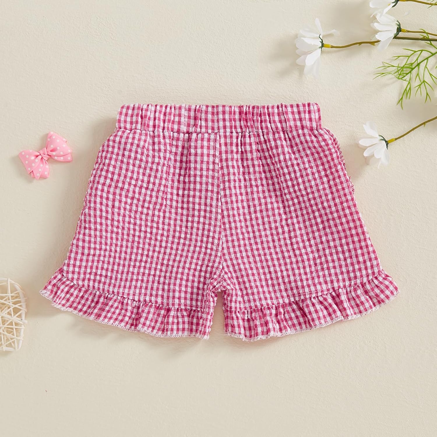 Karuedoo Toddler Baby Girl Shorts Casual Summer Gingham Plaid/Seersucker Elastic Waist Ruffle Hem Shorts Bottoms - Image 4