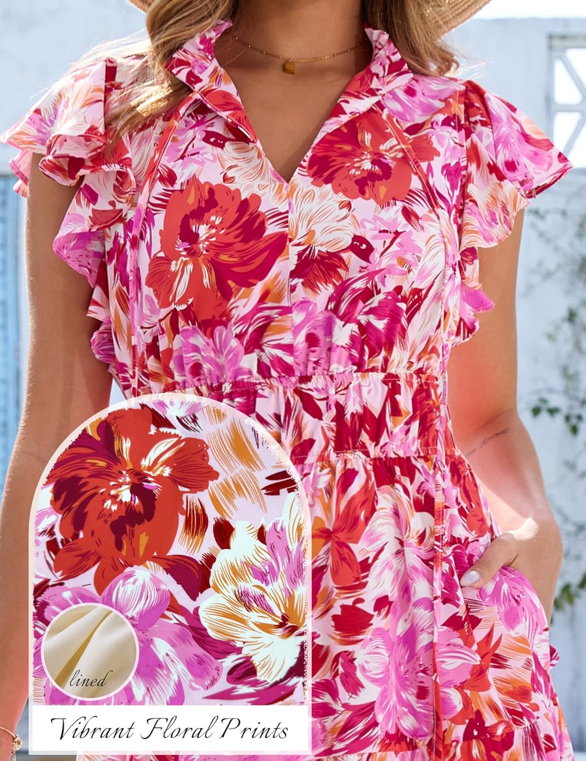 Kranda Women 2026 Summer Self-tie V Neck High Waist Ruffle Cap Sleeve Casual Long Boho Floral Tiered Maxi Dress with Pockets - Image 6