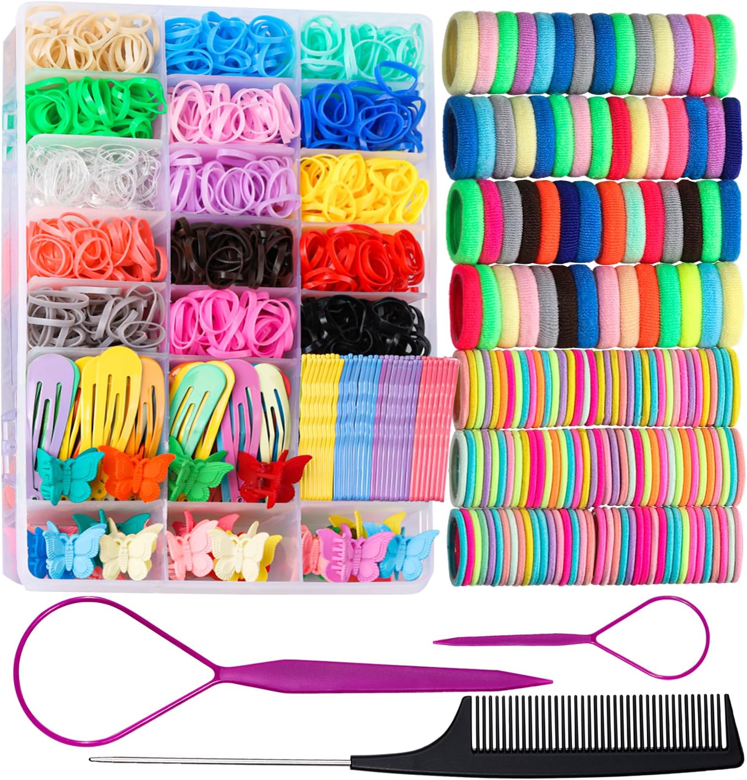Teenitor Elastic Hair Bands 15 Colors,Colorful Baby Rubber Bands Set with Hair Tail Tools, Rat Tail Comb, Butterfly Hair Clips, Hair Pins,Hair Ties