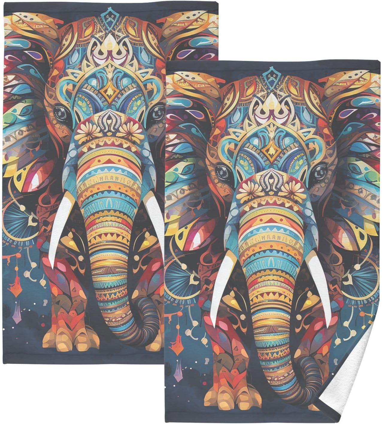 Hand Towels 2 Pack Vivid Tribal Elephant Print 16×28 in, Cotton Bath Towels Lightweight Quick Dry