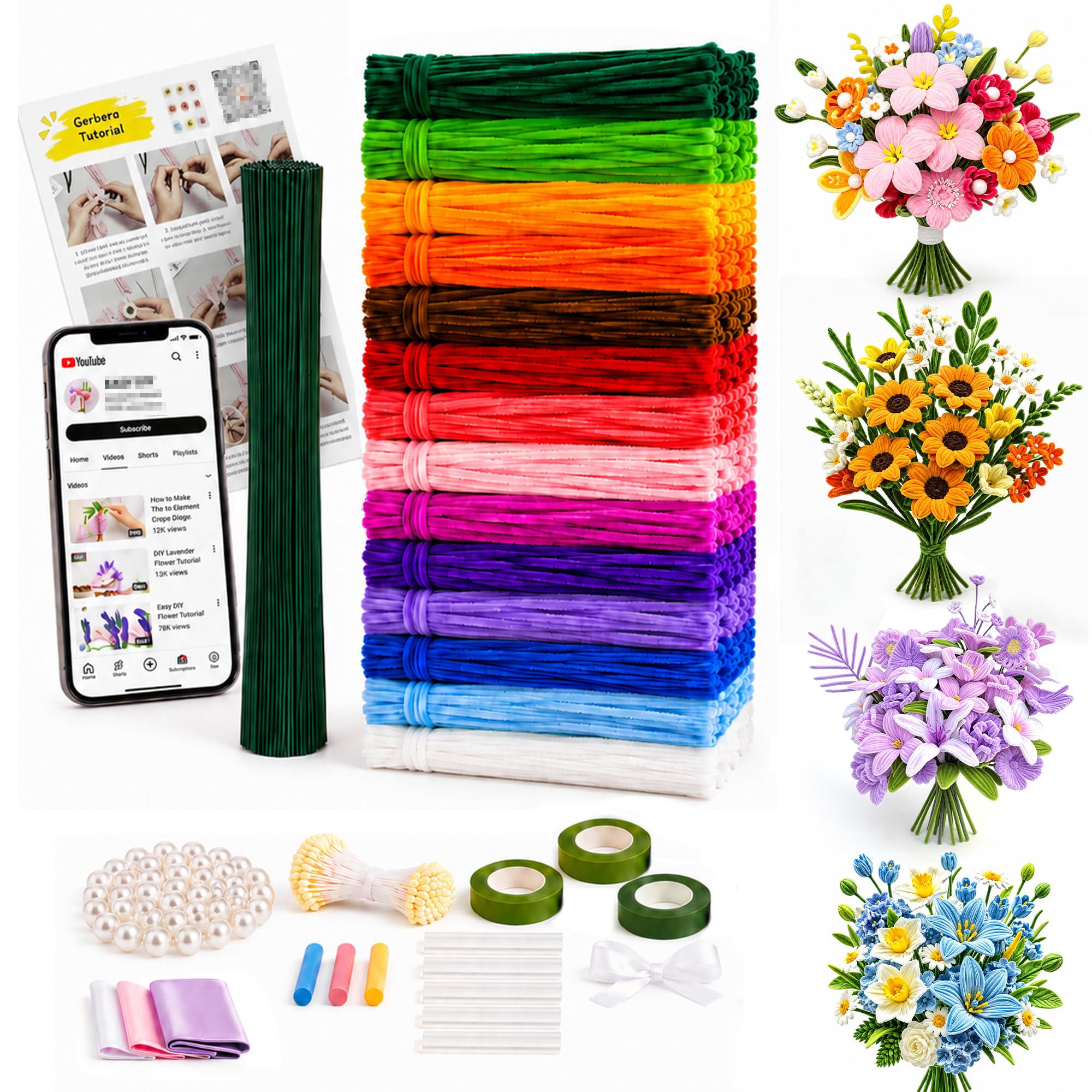 AIKUSICK 800PCS Pipe Cleaners for Craft Flowers, 14 Colors Pipe Cleaner Flower Kit, 30cm Chenille Stems Bulk with Manual & Video Tutorial, DIY Pipe Cleaner for Home Arts Decorations Supplies