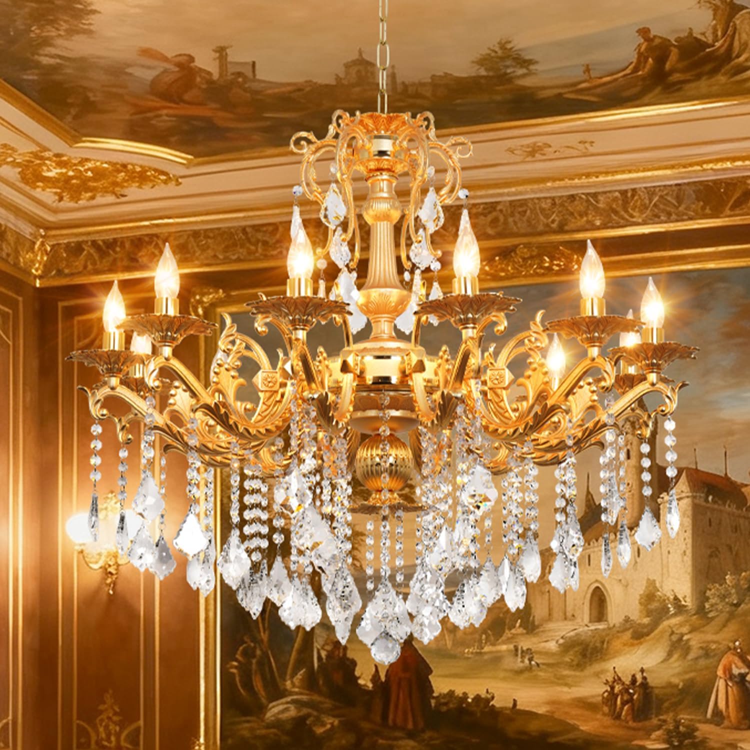 Photo 1 of GMlixin Modern Elegant 12 Lights Crystal Chandelier Antique Chandelier Golden Pendant Ceiling Lighting European Style for Dining Living Room Bedroom Transparent, 12 E12 Bulbs Required