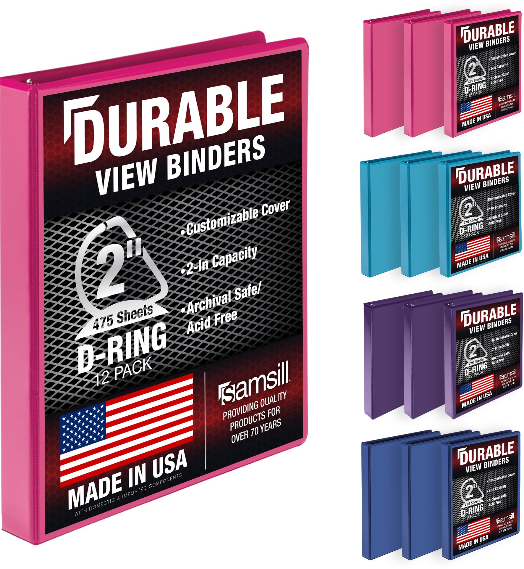 Samsill Durable 2 inch 3 Ring Binder, D Ring Binder, 100% Recycled Chipboard, Fashion Assortment, 12 Pack