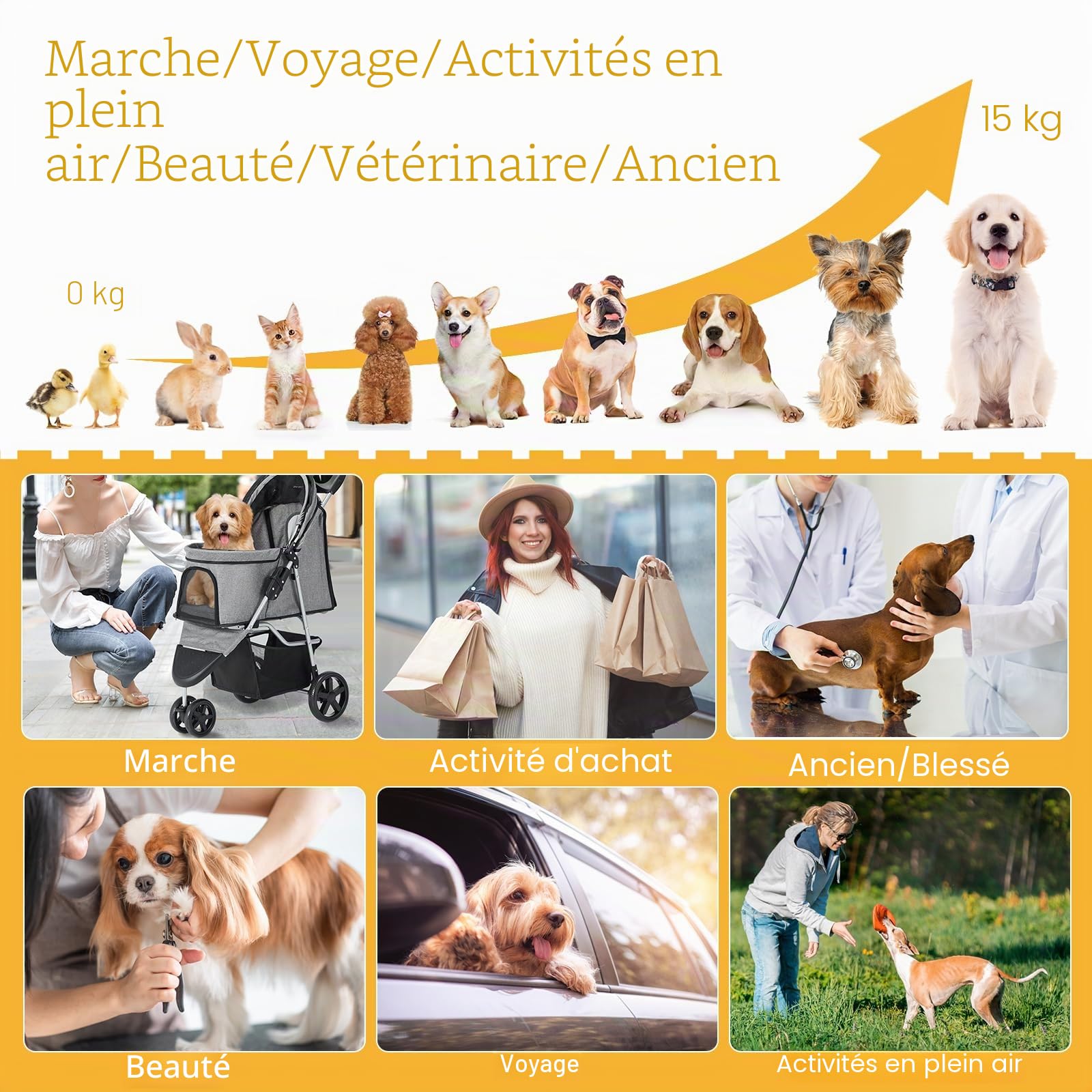 Poussette Chien Chat Animaux 15kg Pliable Une Main, Tissu Oxford 600D, Frein Sécurisé, 3 Roues Buggy Tout Terrain avec Panier, Grise