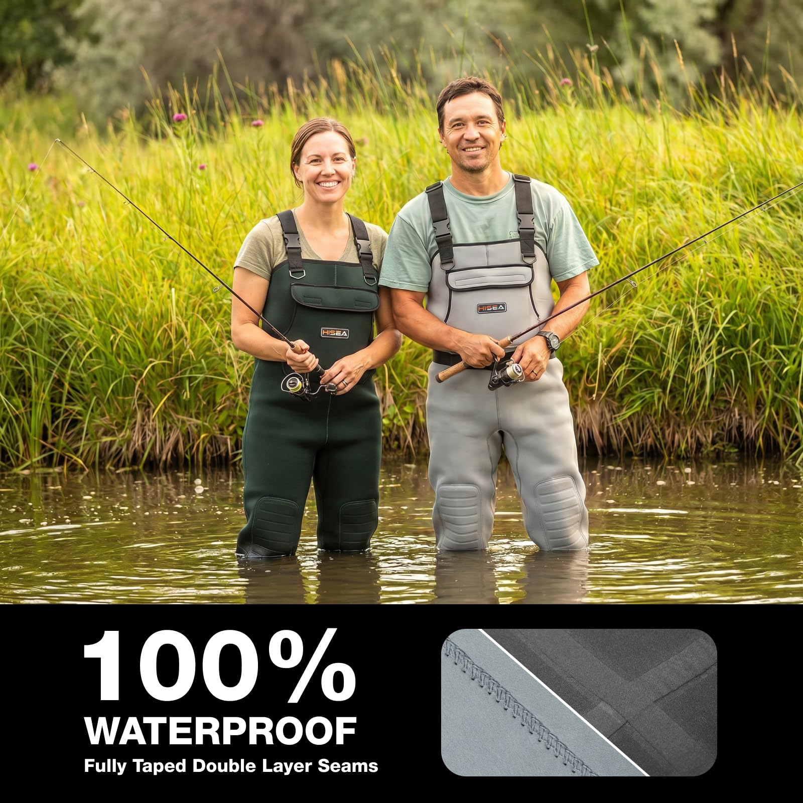 HISEA Trampolieri da uomo, impermeabili in neoprene da 4,5 mm, per pesca e caccia, con stivali, da uomo e donna | Stivali isolati in neoprene da 4,5 mm, 200 g, con gancio per stivali, per pesca e caccia alle anatre