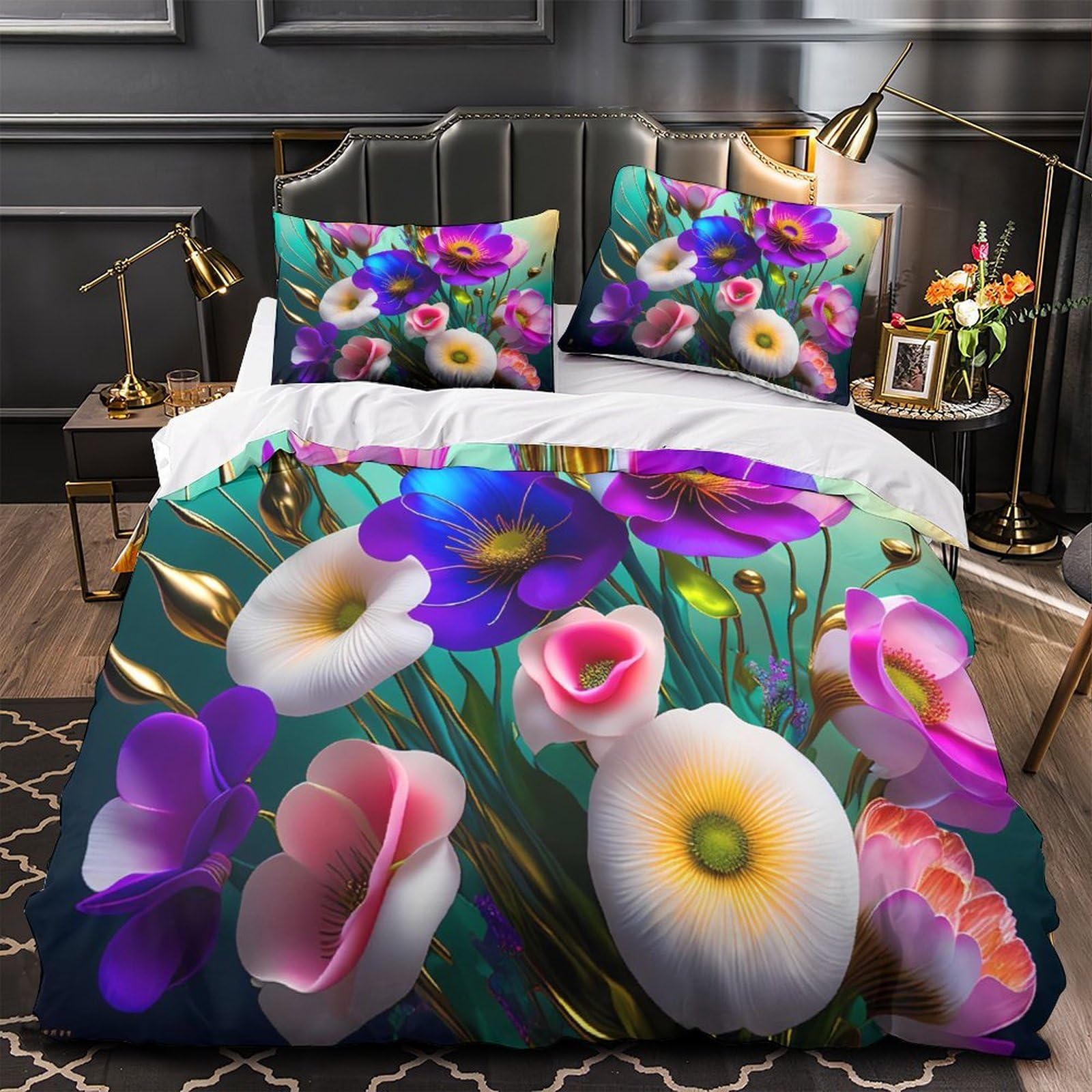 Housse de couette florale 3D en microfibre 135x200 parure lit