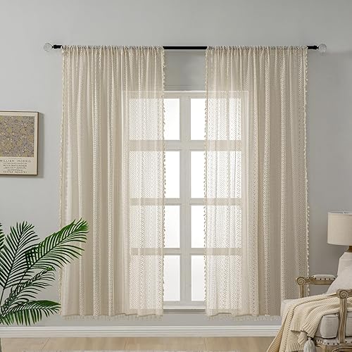 Miniatura 3 de Cortinas de algodón de ganchillo de 72 pulgadas de largo, 2 paneles de 72 pulgadas de largo, con bolsillo para barra, cortinas traslúcidas de