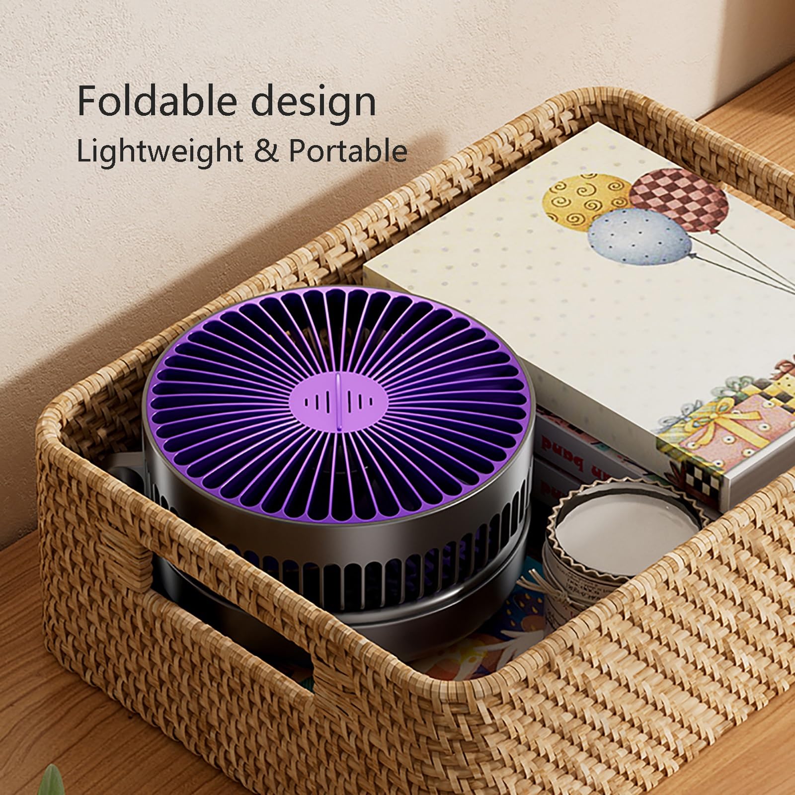 Piccolo ventilatore portatile ricaricabile con luce notturna, circolazione d'aria ultra silenziosa a 5 velocità, forte flusso d'aria per casa e ufficio, ventilatore da tavolo personale pieghevole