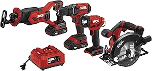 SKIL 20V 4-Tool Combo Kit: 20V Cordless Drill Driver Reciprocating Saw, Circular Saw and Spotlight, Includes Two 2.0Ah PWR CORE Lithium Batteries and One Charger - CB739701