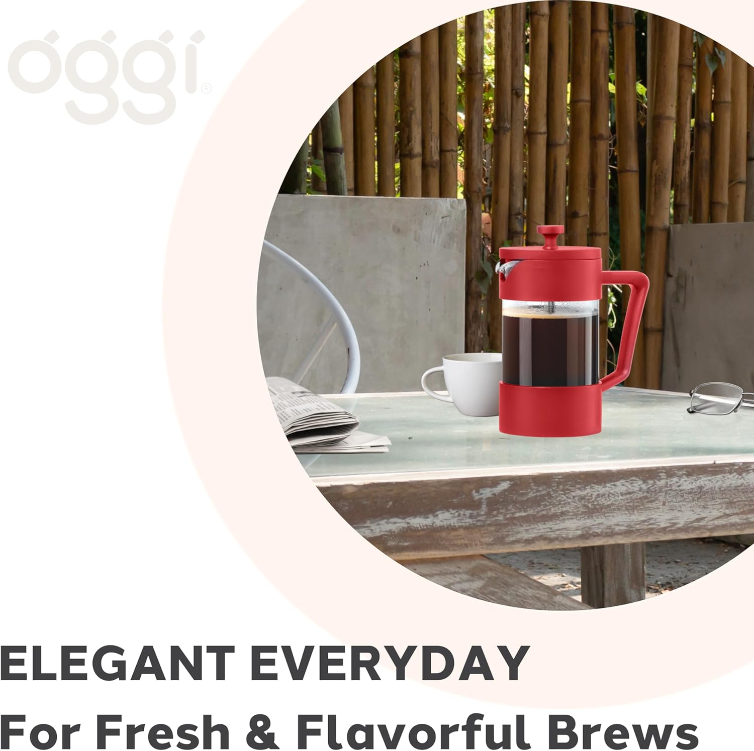 Oggi Borosilicate Glass French Press Coffee Maker (20oz)- 5 Cup Capacity, Coffee Press, Single Serve Coffee Maker, Stainless Steel Lid & Plunger, Make Great Coffee Gifts, Red