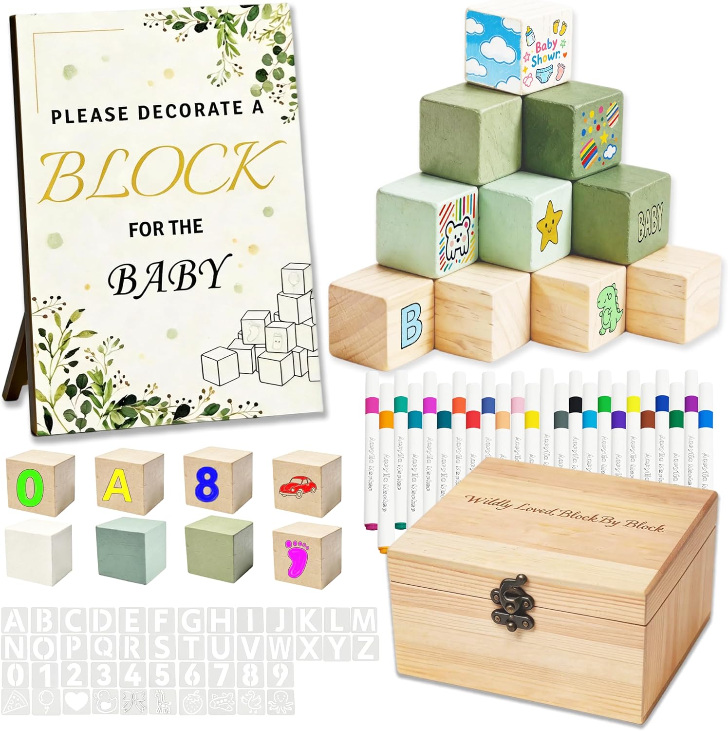 122 Pcs Baby Shower Blocks Games Sign with Wooden Box, 50 Pre-Designed 4-Color Wooden Blocks to Decorate 24 Markers 1 Game Sign 46 Templates to Paint, Baby Shower Ideas Activities for Guests
